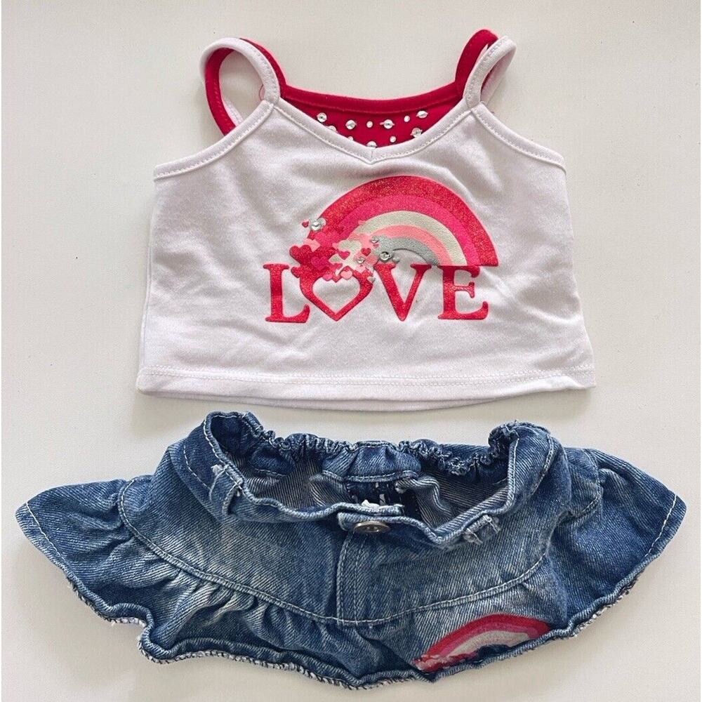 Build A Bear Workshop BABW Love Rainbow White Red Tank Top And Skirt Glitter